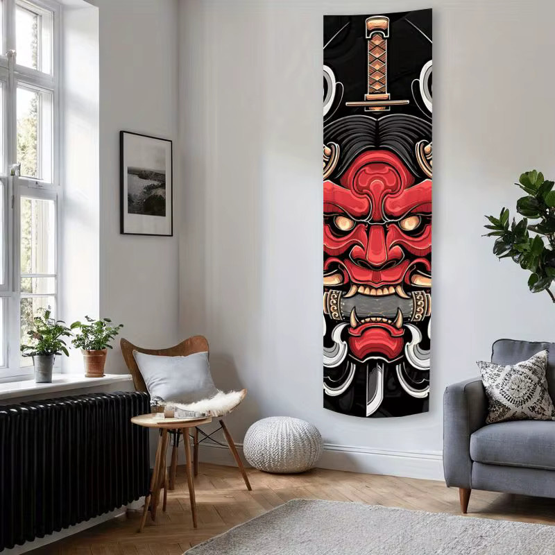 VIKAMA Japanische Samurai-Masken Wandteppich in Schwarz-Rot als ästhetischer Wandbehang für dein Wohnzimmer oder Schlafzimmer - Bild 3