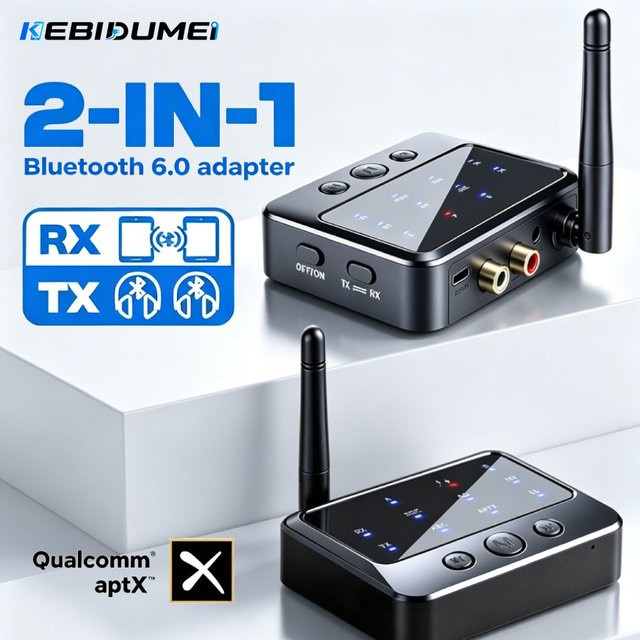 KEBIDUMEI Bluetooth 6.0 Empfänger und Sender mit AptX HD/LL und AAC Low Latency, Drahtloser Audio-Adapter mit 3,5 mm Klinke und RCA-Buchse für PC und TV, Schwarz - Bild 1