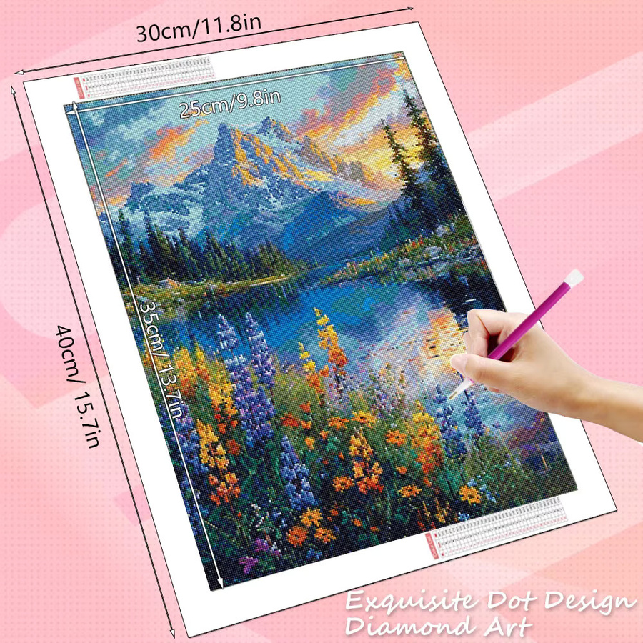 HUACAN 5D DIY Diamant-Mosaik Set mit Berglandschaft und Gänseblümchen, Multicolour, B/H: 30 x 20 cm - Bild 2