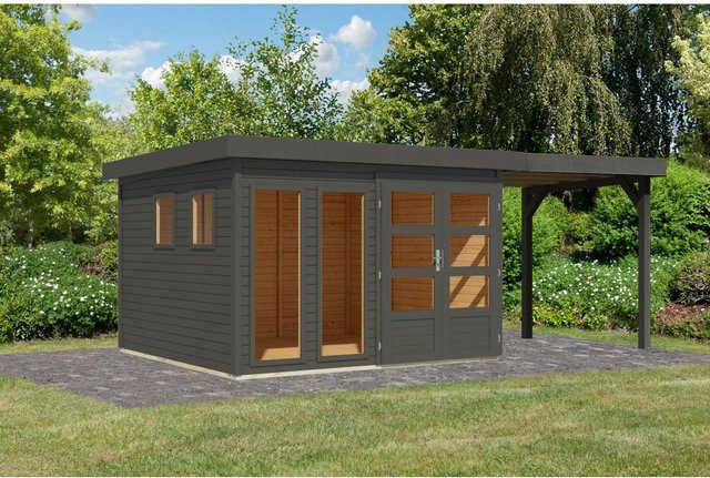 Karibu Gartenhaus Maradi 6 aus Massivholz in Terragrau mit Anbaudach und Flachdach B/T/H: 216 x 298 x 302 cm - Bild 1