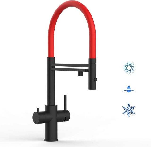 VIZIO 5-Wege Küchenarmatur aus Edelstahl mit 360° schwenkbarem Auslauf und abnehmbarer 2-Strahl Handbrause in Schwarz Matt und Rot - Bild 1