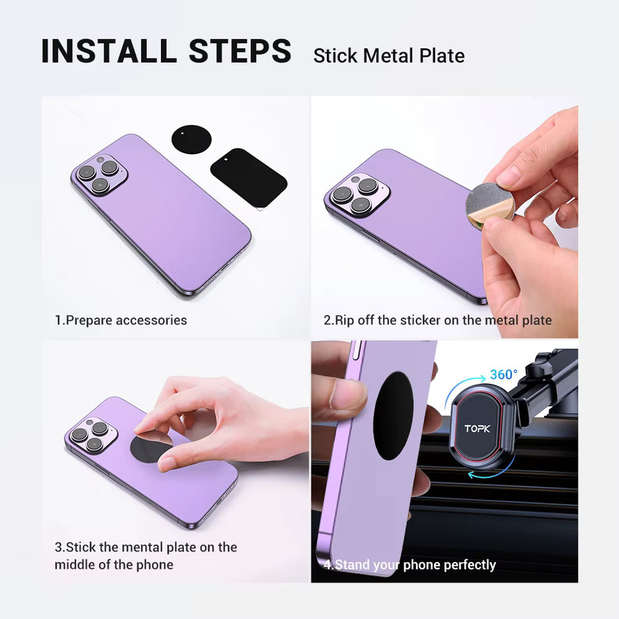 TOPK Magnetischer Autotelefonhalter in Schwarz für Lüftungsschlitze und Armaturenbrett mit Saugnapf und 360 Grad Rotation - Bild 6