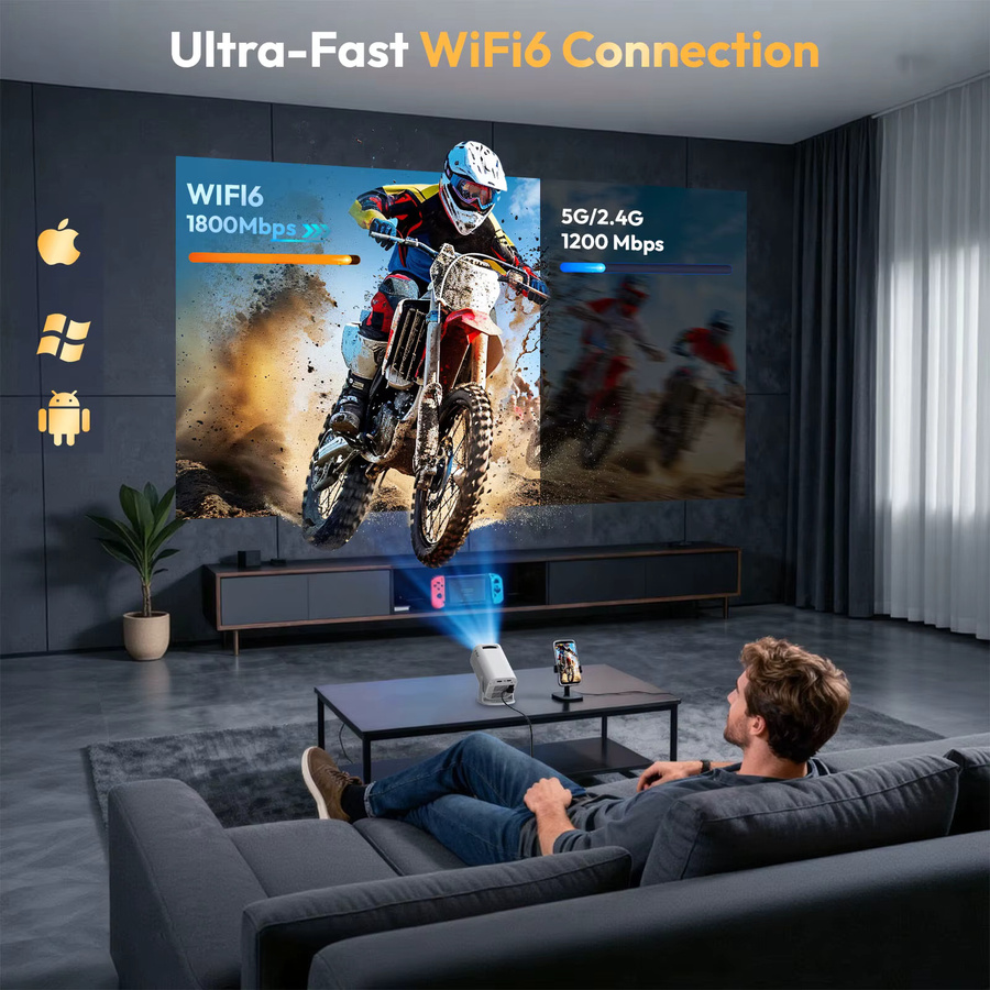 XGODY 4K Mini Beamer Android Projektor mit 12000 Lumen, WiFi 6 und Bluetooth 5.4, Weiß - Bild 3