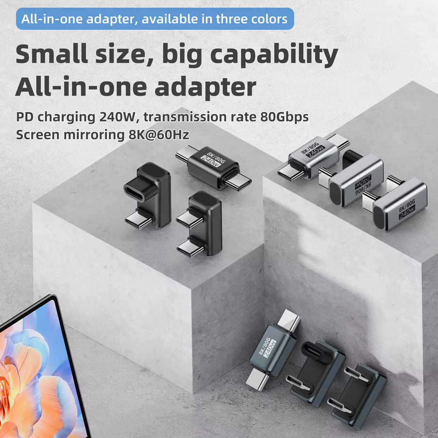 BSN USB-C Winkeladapter USB4.0 mit 80Gbps Hochgeschwindigkeit, PD 240W Ladeanschluss und 8K 60Hz Unterstützung, U-förmig und gerade Ausführungen für Macbook und iPhone 15/16 - Bild 2
