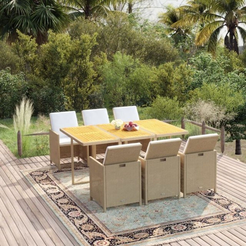 7-teilige moderne Garten-Essgruppe aus Poly-Rattan mit Kissen in Beige von vidaxl - Bild 1