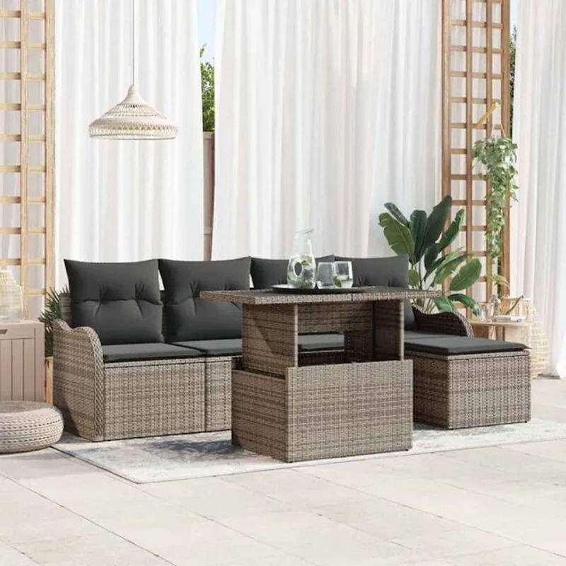 vidaXL Garten-Sofa-Set aus Poly-Rattan mit Kissen und Stauraum in Grau, 6-teilig - Bild 1