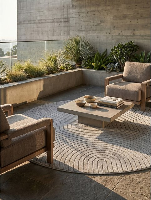 Kadima Design Outdoor Teppich ENGADIN in Silber und Beige im Skandi-Stil mit 3D-Design, Durchmesser: 80 cm - Bild 1