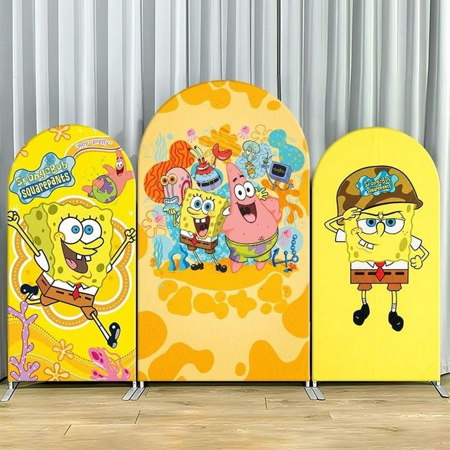 Potdemiel SpongeBob Schwammkopf Bogenförmige Hintergrundabdeckung Gelb aus elastischem Textilstoff für deine Party-Dekoration B: 120 cm, H: 50 cm - Bild 1