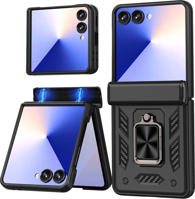 Stoßfeste Panzer-Ring-Handyhülle mit Scharnier-Verbindung für Samsung Galaxy Z Flip 7, Z Flip 6 und Z Flip 5 aus hartem PC in Schwarz und Gold - Bild 1