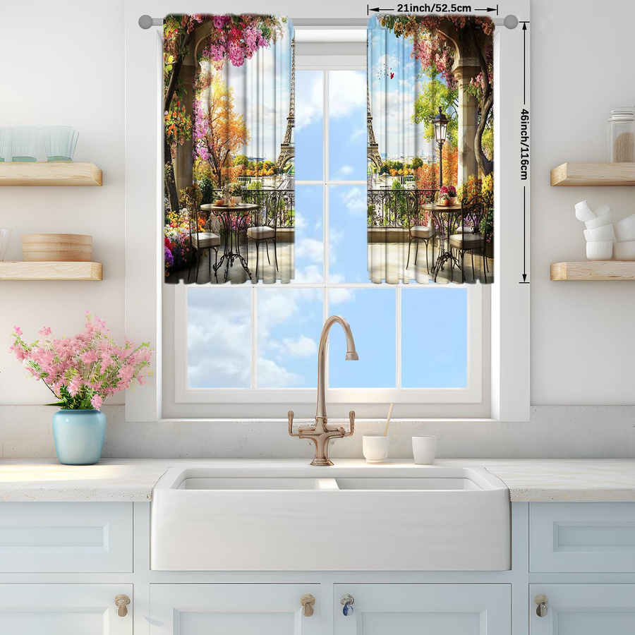2er-Set halbtransparente Vorhänge mit Eiffelturm-Print von Household supplies MH, modern, Mehrfarbig, B: 52,5 cm x H: 116 cm - Bild 3