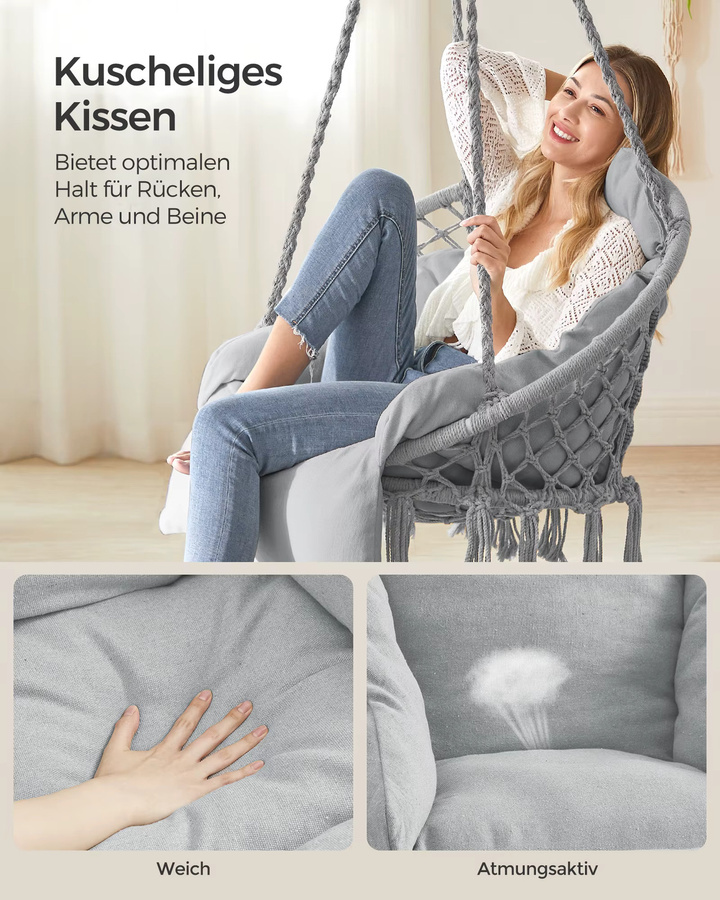 SONGMICS Hängesessel in Ei-Form im skandinavischen Stil mit Kissen, Farbe Grau, belastbar bis 120 kg - Bild 3