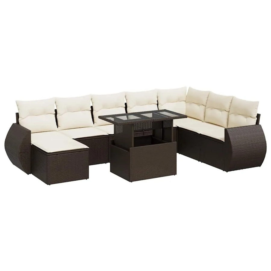 vidaXL 9-tlg Garten-Sofagarnitur in L-Form aus braunem Poly-Rattan mit wetterfesten Kissen und pulverbeschichtetem Stahlgestell - Bild 2