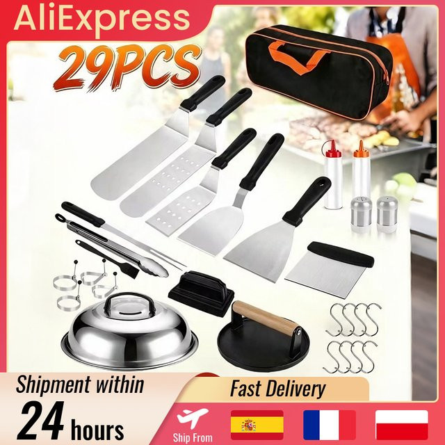 HGTUGO 29-teiliges BBQ-Grillzubehör-Set aus Edelstahl in Silber mit Aufbewahrungstasche - Bild 1