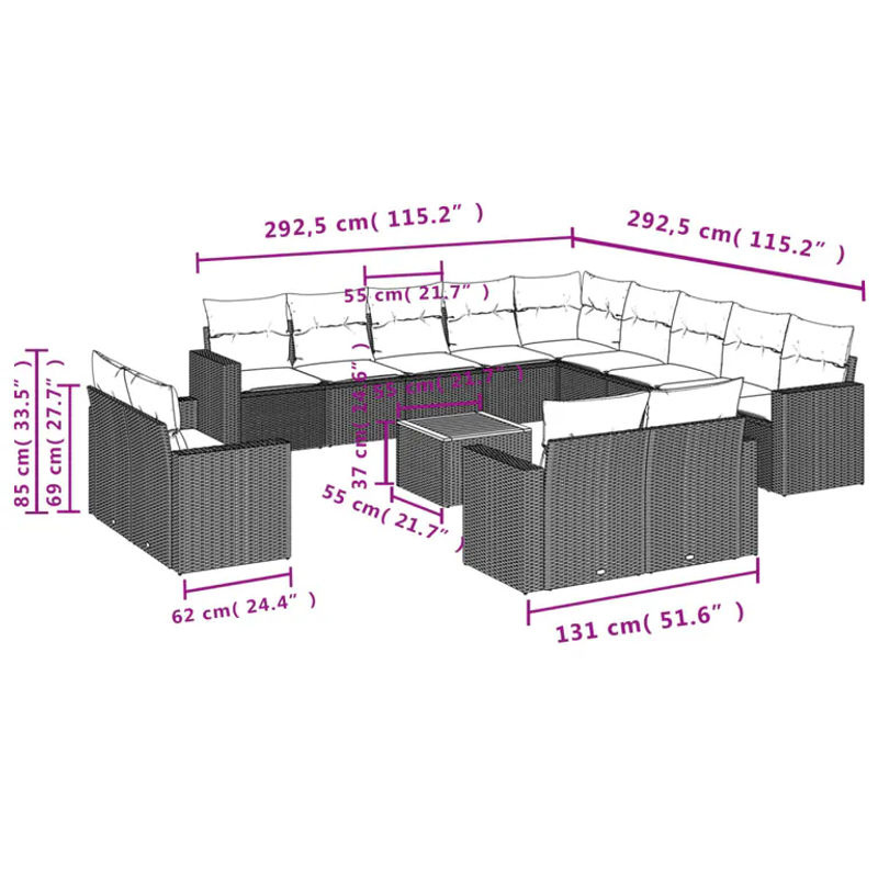 vidaXL 14-tlg. Garten-Sofagarnitur in L-Form aus Polyrattan und Akazienholz mit Kissen, Schwarz - Bild 2