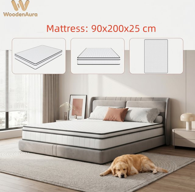 WoodenAura Taschenfederkernmatratze für Einzelbetten, mittelfest, atmungsaktiv und geräuschlos, Farbe: Weiss-Grau, B/T/H: 90 x 200 x 25 cm - Bild 1