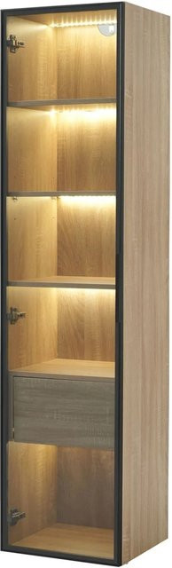 PXloue Badezimmerschrank in Natur Braun mit LED-Beleuchtung, Türen und Schubladen, H x B x T: 165 x 40 x 165 cm - Bild 1