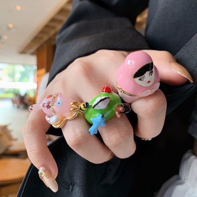 DINGABIYU Stapelring Frosch in Grün und Multicolor mit Öl tropfender Puppe - Bild 1