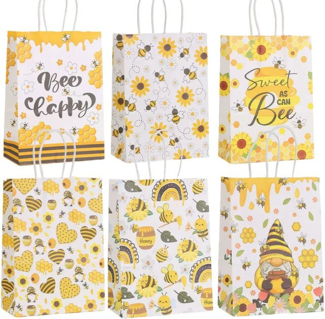 Honigbienen Geschenktüten aus Papier mit Griffen in Gelb für Party, Geburtstag oder Babyparty (6 oder 24 Stück) - Bild 1
