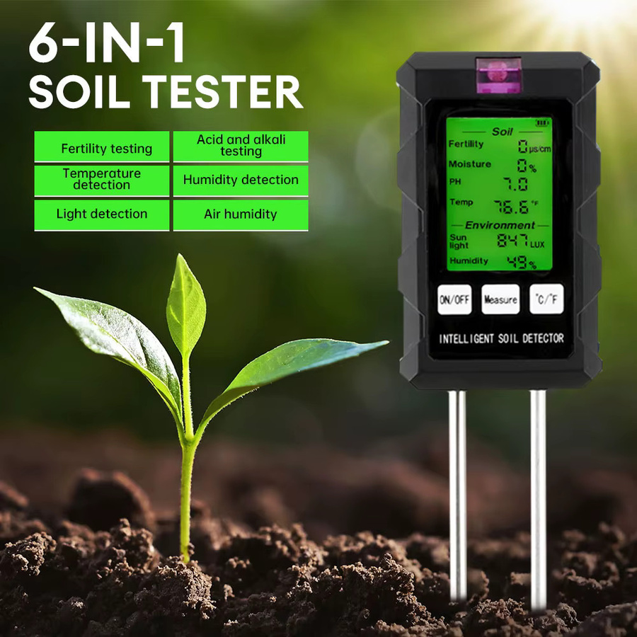 Gaqqee 6-in-1 Bodentester Multifunktionsmessgerät in Schwarz für pH-Wert, Fruchtbarkeit, Feuchtigkeit, Säure, Alkalität und Temperatur mit Hintergrundbeleuchtung - Bild 2