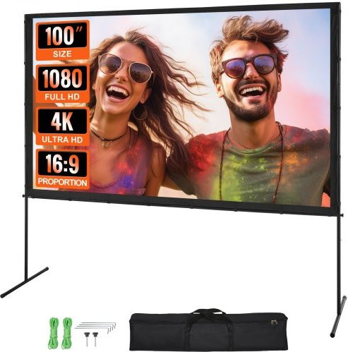 VEVOR Projektionsleinwand mit Stativ, 100 Zoll, 16:9, 4K UHD und 1080p HD, weiß, faltenfrei, für Heimkino und Outdoor-Filmnächte - Bild 1
