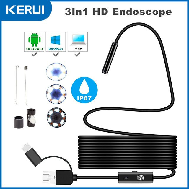 KERUI 3-in-1 Endoskopkamera für Android und PC, wasserdichte Mini-Inspektionskamera mit 7 mm flexiblem Schlauch, Farbe: Schwarz - Bild 1