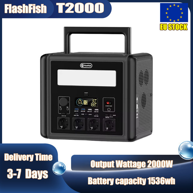 Flashfish T2000 Tragbare Powerstation mit 1536Wh LiFePO4 Akku, 2000W Solargenerator in Schwarz mit 100W PD USB-C Schnellladung und Solarmodul-Kompatibilität - Bild 1
