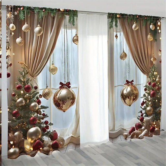 Yiran Furniture Weihnachtsdekoration Vorhänge mit Digitaldruck, 2er-Set, Beige, B: 50 cm, H: 160 cm - Bild 1