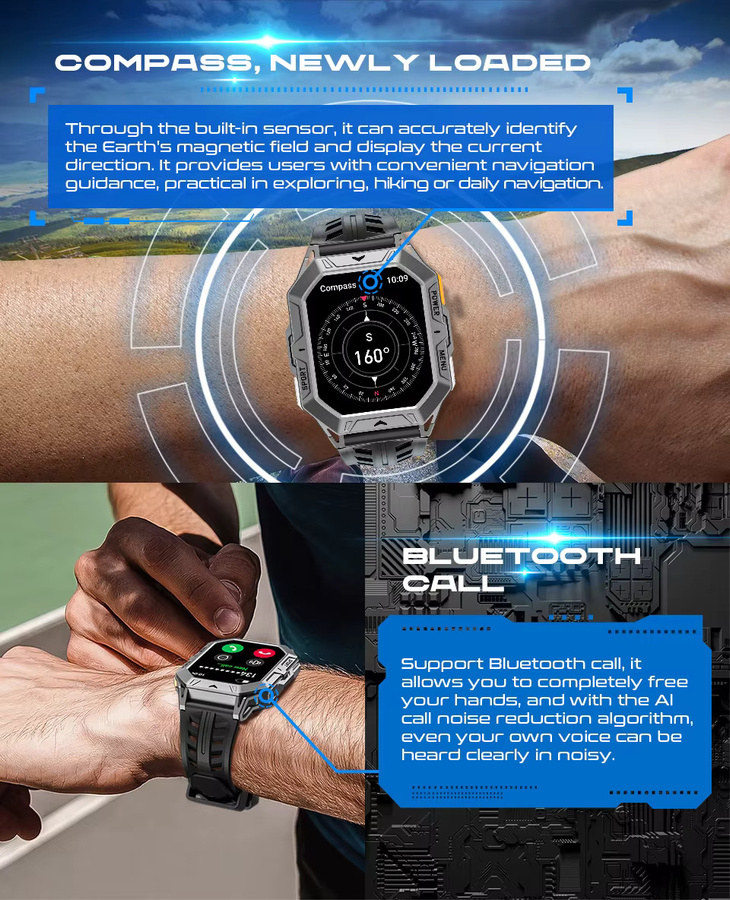 MISIRUN Smartwatch mit 2,13 Zoll AMOLED-Bildschirm, 1000 mAh Akku, Bluetooth Anruffunktion, Kompass und 1ATM Wasserdichtigkeit für Herren in Schwarz oder Silber - Bild 4