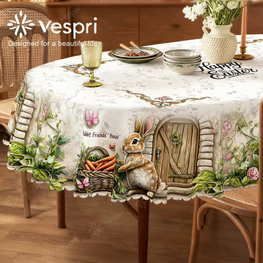 Vespri Oster-Tischdecke aus Polyester in Weiß und Beige mit Hase, Schmetterling und Blumen für Partys und Feste - Bild 2