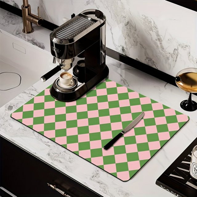 VIKAMA Küchenablaufmatte mit Schachbrettmuster in Multicolour, saugfähige und rutschfeste Geschirrtrockenmatte für die Arbeitsplatte oder als Kaffeemaschinenmatte - Bild 1