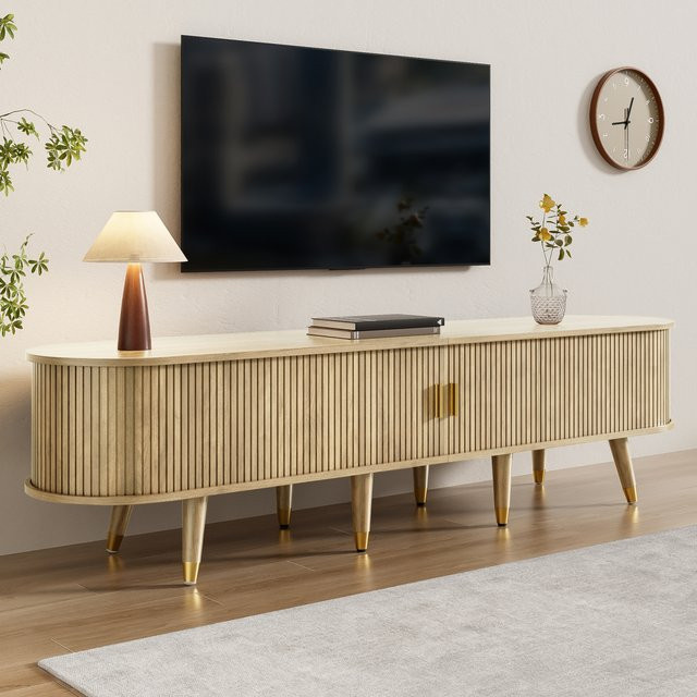 Anajqaqia TV-Schrank mit Rattan-Schiebetür und 2 Schubladen in Braun und Beige, B/T/H: 175 x 38 x 45 cm - Bild 1
