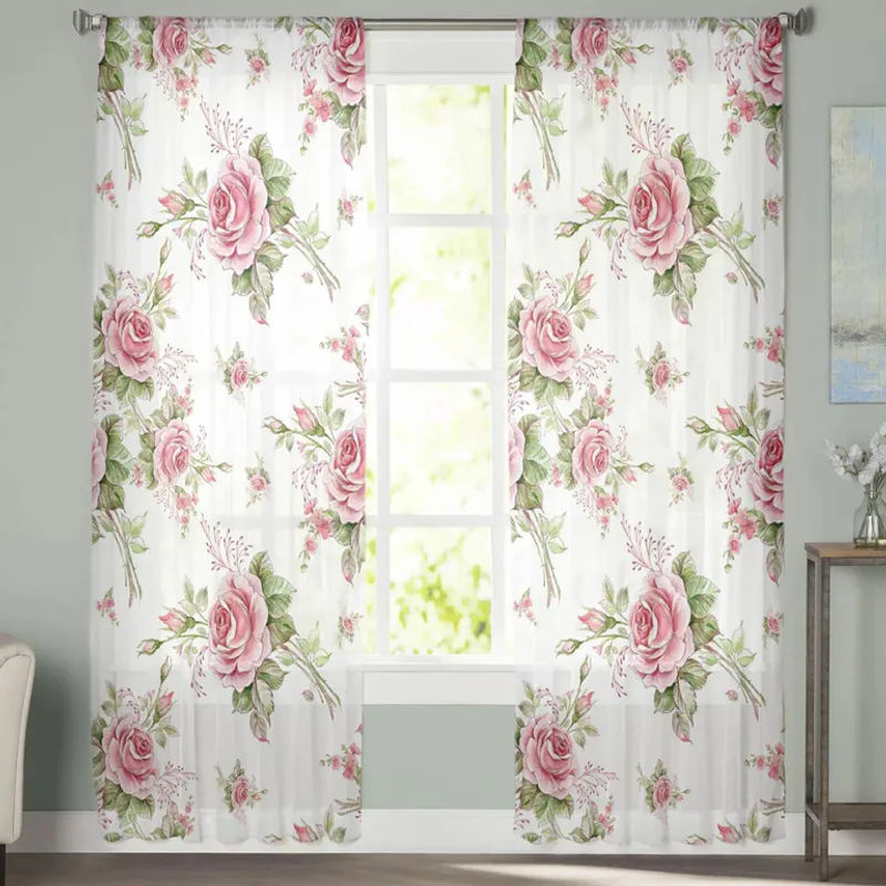 A Family Of Home Textiles Romantische Tüll-Vorhänge in Rosa, Transparente Chiffon-Vorhänge mit Blumenmuster, B/H: 135 x 114 cm, 2er-Set - Bild 2