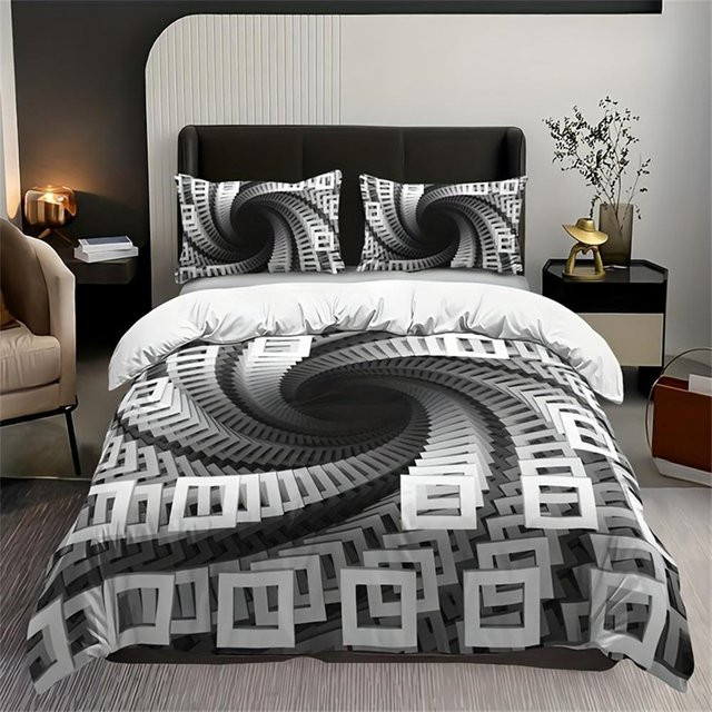Lodestar 3-teiliges Bettwäsche-Set mit 3D Quadratischem Wirbel Design in Grau, bestehend aus 1 Bettbezug und 2 Kissenbezügen, atmungsaktive Mikrofaser, Breite: 135 cm, Länge: 200 cm - Bild 1