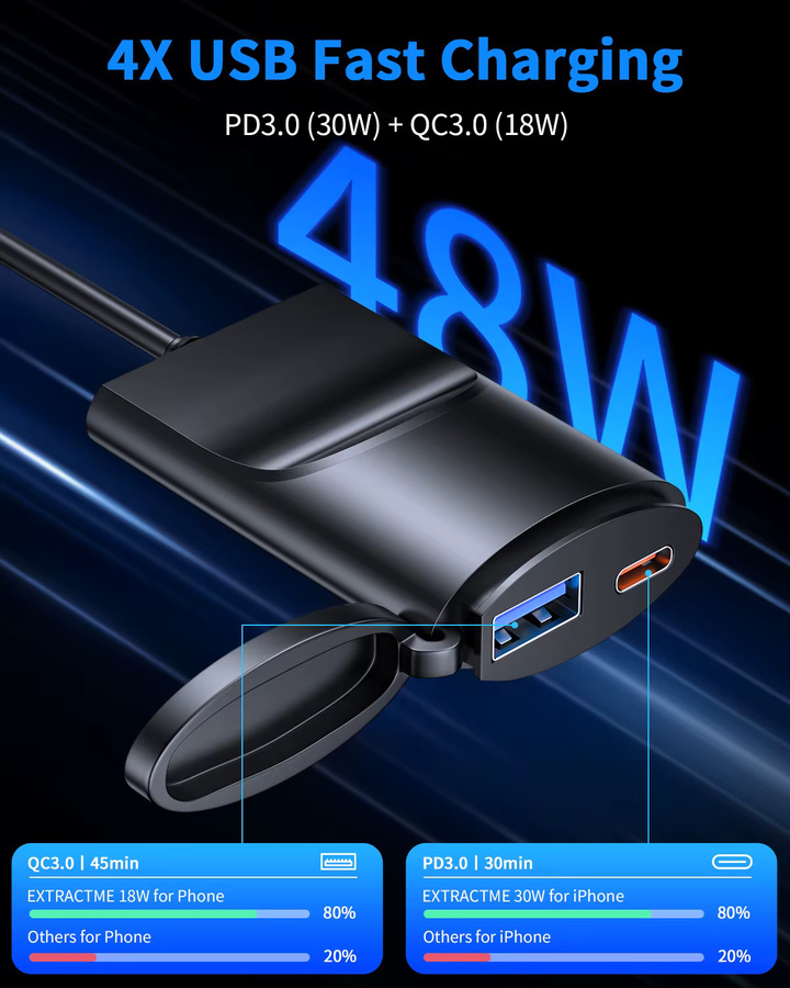 48W Dual Port Motorrad Ladegerät mit Lenker Montage Halterung, IP67 Wasserdicht, Schwarz - Bild 2