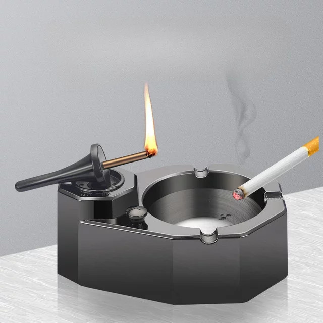 HONEST Öl-Elektro-Hybrid-Feuerzeug mit integriertem Aschenbecher aus Edelstahl, Schwarz, Schreibtischdekoration - Bild 1