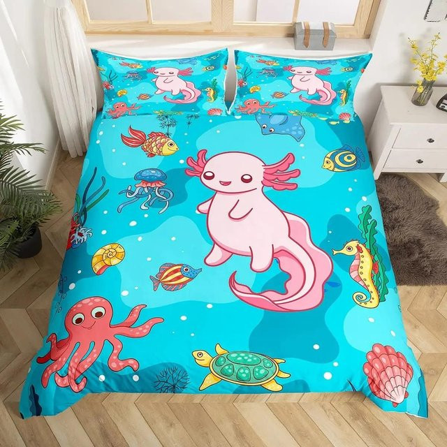 Bettwäscheset Cartoon Axolotl von Binchi Outdoor Product in Blau, 2-teiliges Set aus Bettbezug und Kissenbezug für Kinder und Erwachsene, Breite: 70 cm, Länge: 133 cm - Bild 1