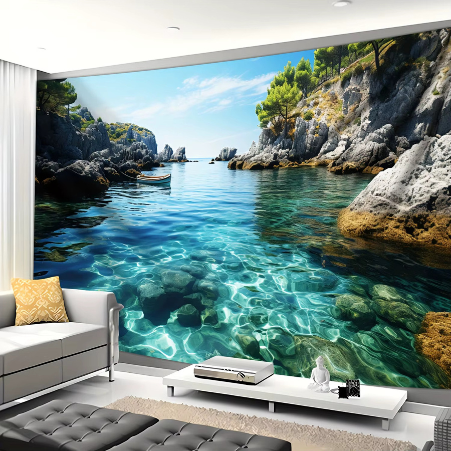 VIKAMA Wandteppich mit Meeres-, Berg- und Himmelslandschaft in Blau, moderner Fotohintergrund aus Polyester für Wohnzimmer und Schlafzimmer, B/H: 60 x 40 cm - Bild 3