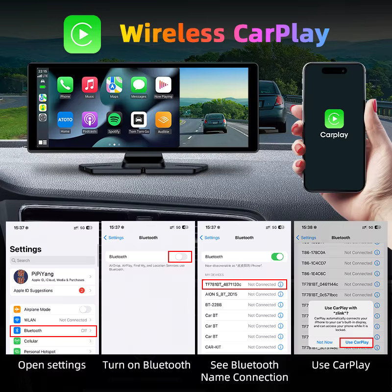 Jansite 10,26 Zoll 4K Dashcam mit CarPlay und Android Auto, Frontkamera 3840x2160P, Rückkamera 1080P und GPS-Navigation in Schwarz - Bild 3
