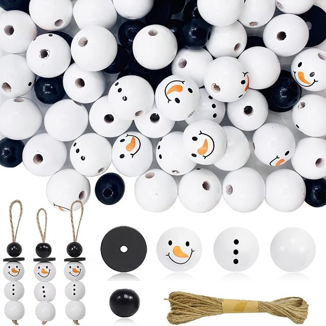 50 Stück weiße Weihnachts-Schneemann-Holzperlen mit Juteschnur für deine DIY-Bastelarbeiten - Bild 1