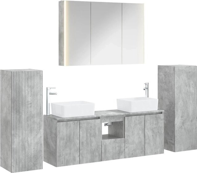6-teiliges vidaXL Badezimmermöbel-Set in Betongrau mit Ingenieurholz und Glas, modern mit LED-Beleuchtung und Spiegelschrank - Bild 1