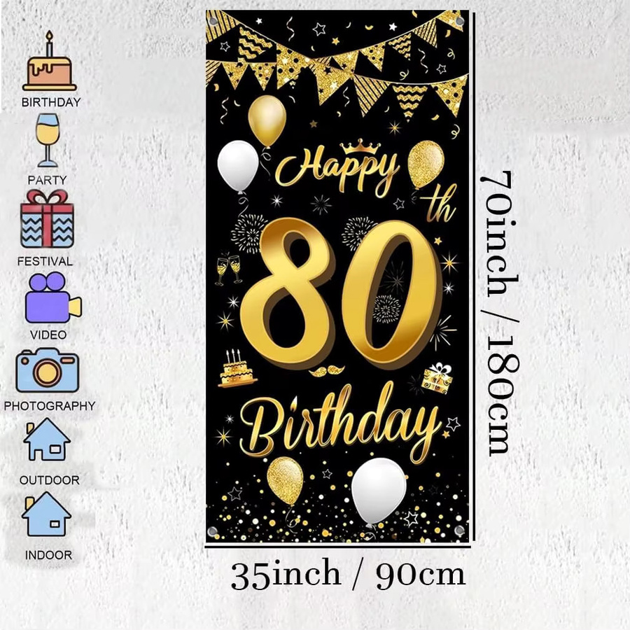 OURFETE Geburtstag Banner zum 80. Geburtstag in Schwarz-Gold mit Ballon-Konfetti-Muster, B: 180 cm, H: 90 cm - Bild 5