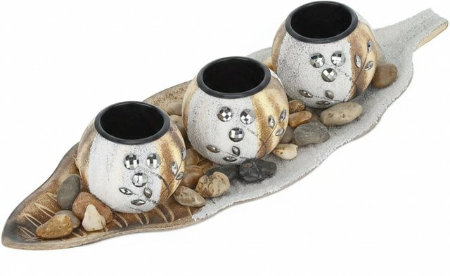 Relaxdays Teelichthalterset aus MDF in Stein-Optik mit Tablett, Braun und Weiß, B/T/H: 38 x 14 x 7 cm - Bild 1