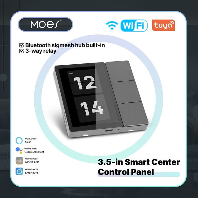 MOES Tuya Smart Center Touch-Bedienfeld mit 3,5-Zoll-Display, 3 Relais, physischen Tasten sowie integriertem Bluetooth und Zigbee Hub via WiFi - Bild 1
