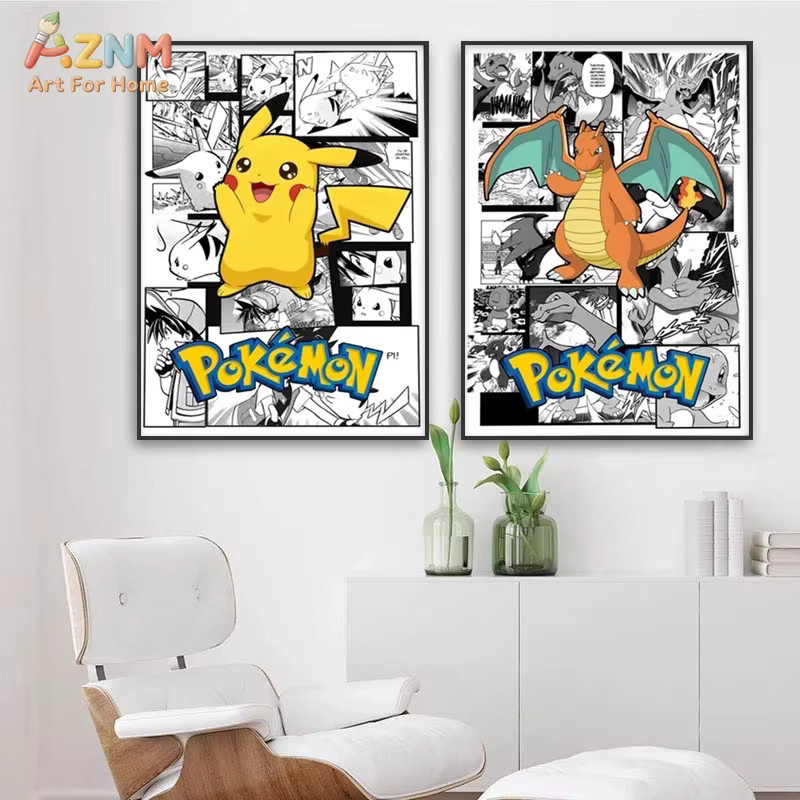 KAYOU Pokemon Manga Panel Leinwand-Wanddruck mit Charizard, Pikachu und Snorlax in Schwarz-Weiß - Bild 2