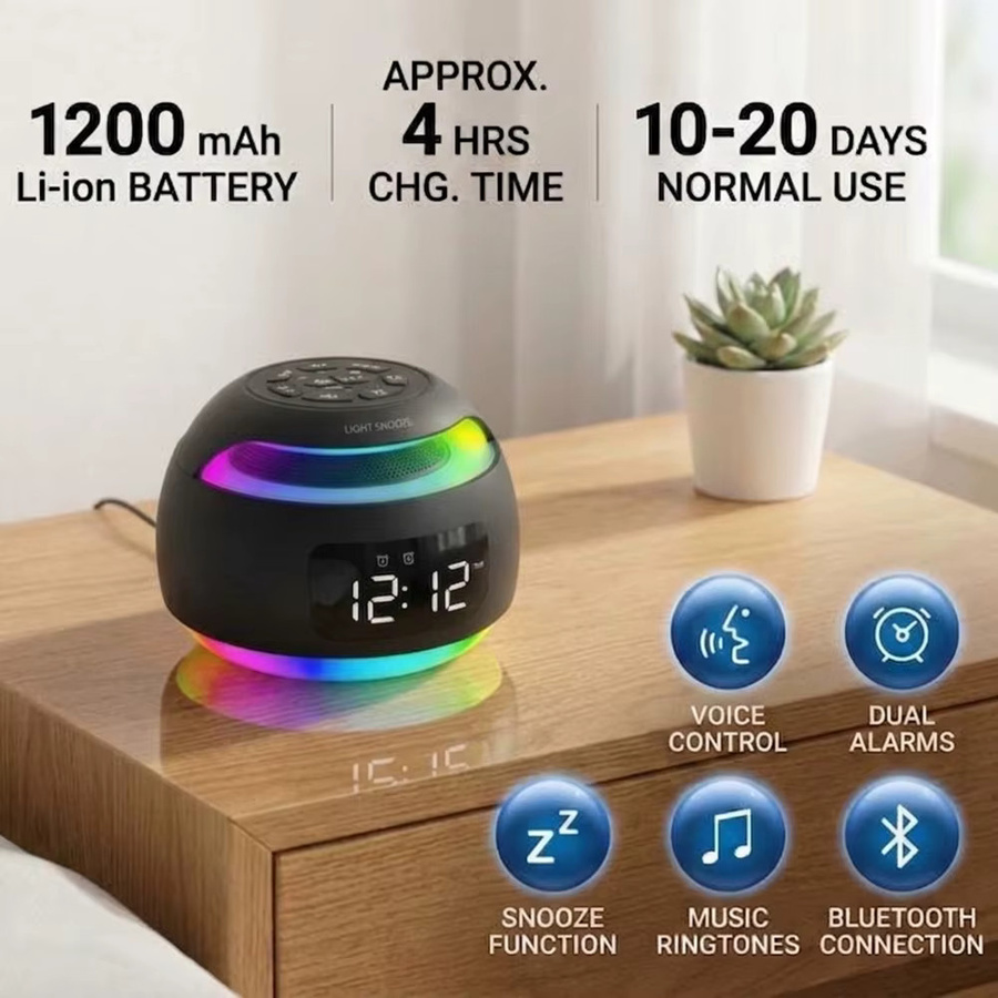 Niditon Bluetooth-Lautsprecher Wecker mit FM-Radio, farbigem Nachtlicht, USB- und TF-Karten-Wiedergabe sowie Zeit- und Wochenanzeige in Schwarz - Bild 4