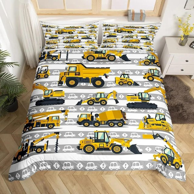 Bettwäsche-Set Bagger Königin von Binchi Fitness mit Cartoon Baufahrzeug und Traktor, gelb, Polyester, 210 x 210 cm - Bild 1