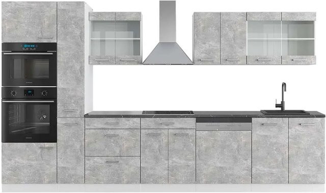 Vicco R-Line Küchenzeile in Beton-Optik und Weiß mit Hochschrank in Anthrazit, Breite: 350 cm - Bild 1