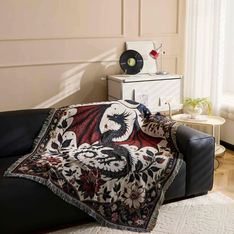 Textile City Fantasy Dragon Moon Überwurfdecke Jacquard-Webung Vintage Floral, Mehrfarbig, B/B/H: 160 x 130 cm - Bild 5