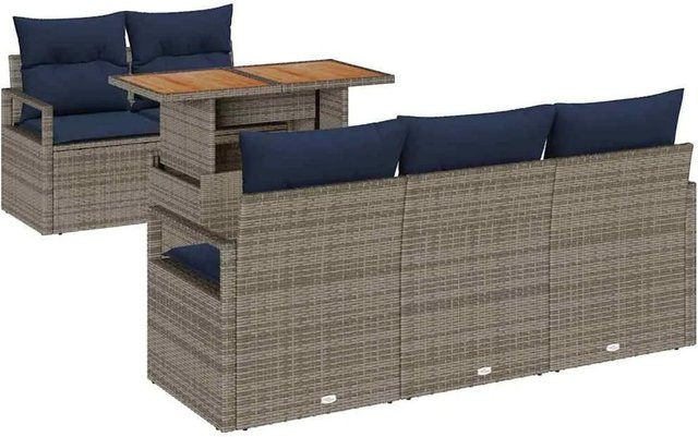 vidaXL Garten-Sofa-Set 6-teilig aus Poly-Rattan in Grau und Blau mit Kissen und Stauraum - Bild 1
