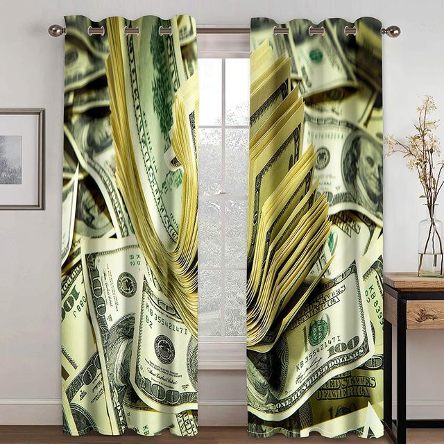 2er-Set Vorhänge mit US-Dollar Goldmünzen-Motiv, halbtransparent, Polyester, Gold und Mehrfarbig, B: 100 cm, H: 130 cm - Bild 1
